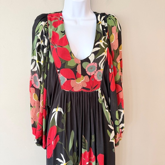 Farm Rio Anthropologie Floral Maxi Dress Black Red VNeck Long Sleeve Small Boho - Picture 5 of 16